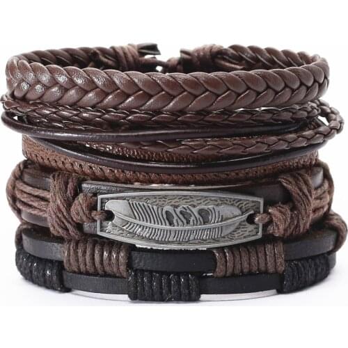Trendy Handmade Weave Leather Men Bracelets For Women Femme Homme Alloy Motorcycle Rudder Feather Rivets Charm Bead Male Jewelry