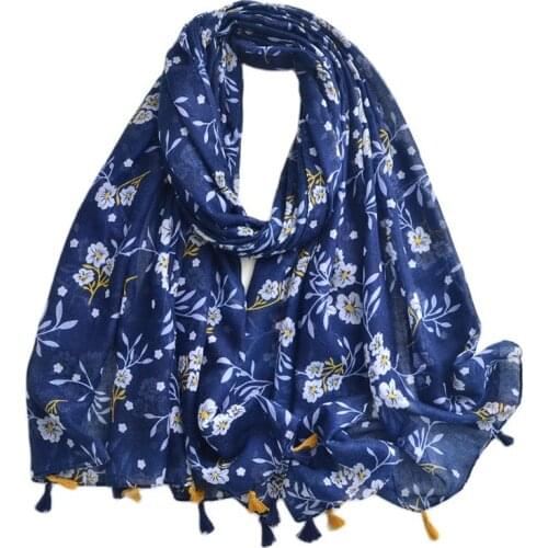 Spain Brand Design Women Scarf Navy Blue Lovely Floral Viscose Spring Autumn Shawl Wrap Hijabs Lady Pashmina Foulards 180*90Cm