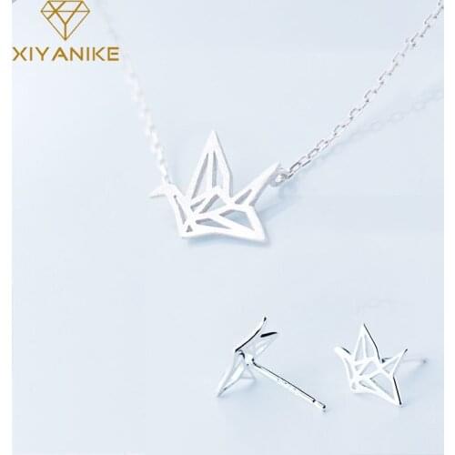 XIYANIKE Prevent Allergy 925 Sterling Silver Paper Crane Handmade Necklace+Earrings Jewelry Sets for Women Party Jewelry Gifts