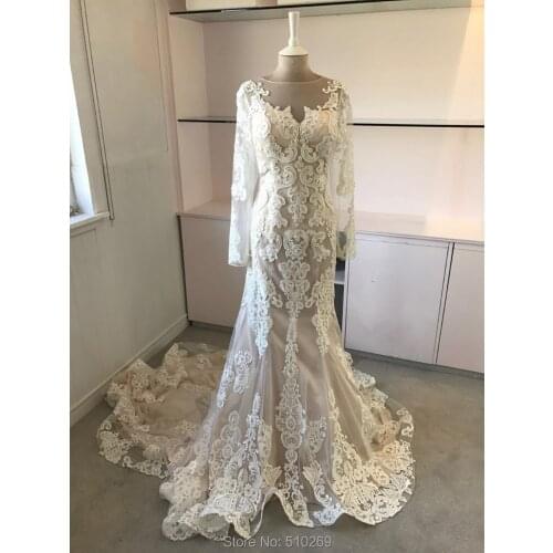 Real Made Long Sleeves Fit and Flare Lace Appliques Bridal Gowns Bateau Wedding Dress Robe De Mariage Vestido De Noiva