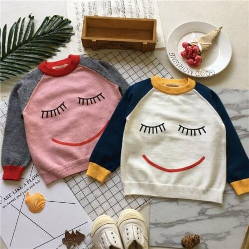 Tonytaobaby Autumn Clothing New Style Baby Long Sleeve Pullover Crew Neck Smiley Printed Knitted Sweater