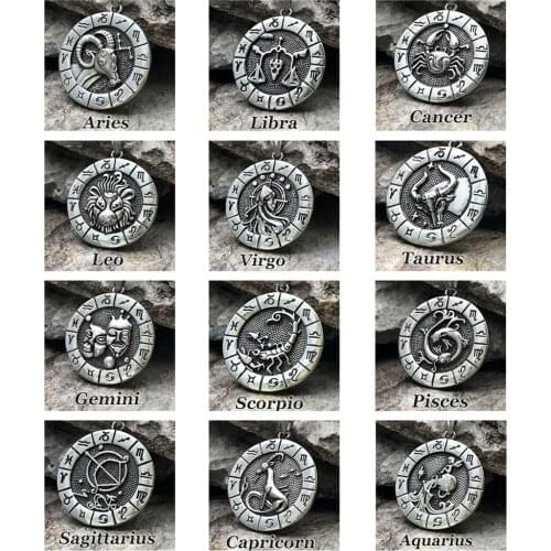 Vintage Zodiac Pendant Necklace Stainless Steel Popcorn Chain Necklace For Women Men Jewelry Cancer Leo Virgo Scorpio Pisces