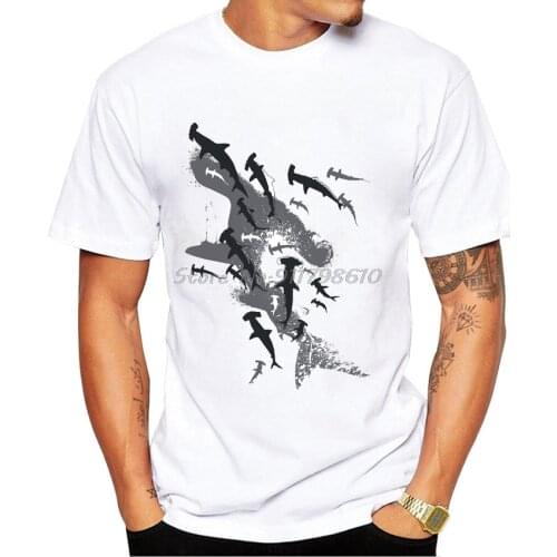 Vintage Art Hammerhead Sharks Print T-Shirt Funny Boy Casual Tops Hipster Tees Summer Fashion Men t-shirt White Short Sleeve