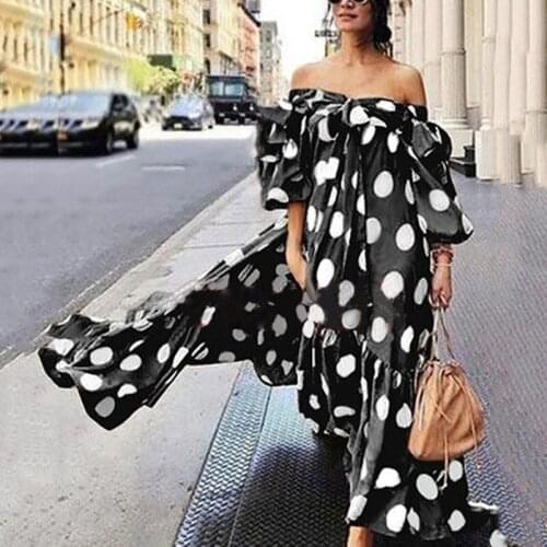 2021 Summer Sexy Slash Neck Big Dot Dress Women Long Maxi Dresses Vintage Casual Loose Dresses Bohemian Beach Vestidos