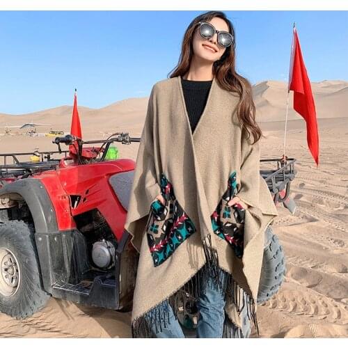 Winter Pure With Pockets Cashmere-Like Warm Embroidery Shawl Cloak Cashmere Scarf For Women Tassel Travel Ladies Scarves