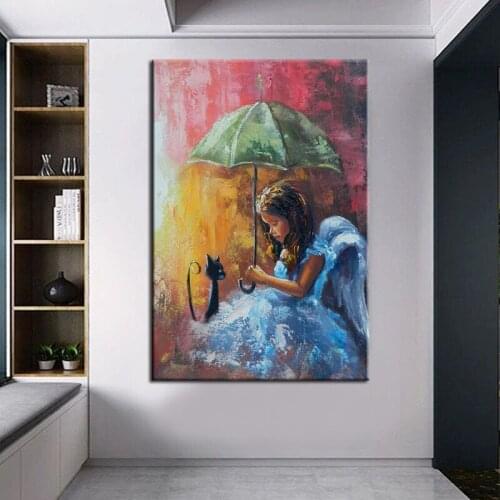 100% Handpainted Oil Painting Little Girl Umbrella Abstract Wall Pictures For Living Room Figure Cheap Modern Paintings Wall Art