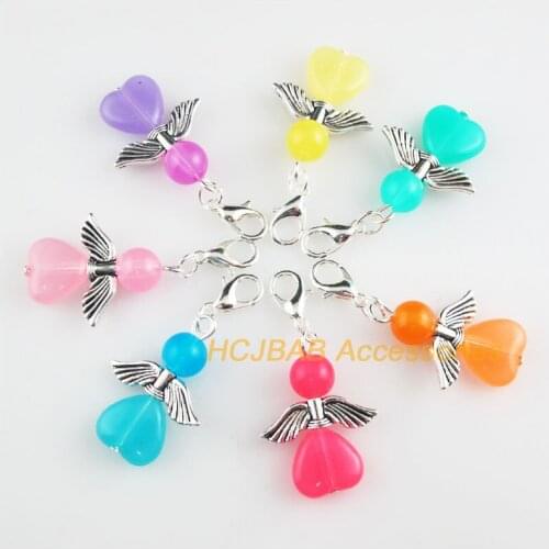 7New 20.5x29mm Angel Charms Mixed Jelly Heart Acrylic Tibetan Silver Plated Retro With Lobster Claw Clasps