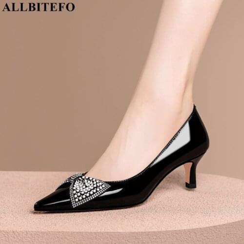 ALLBITEFO Beautiful Bow Design Thin Heel Genuine Leather Party Wedding Women Heels Shoes Spring Fashion Girls High Heel Shoes
