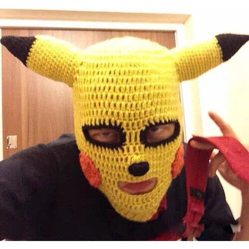 Pure Handmade Unisex Balaclava Hat Wool Winter Knitted Hats Yellow Party Funny Beanie Skullies Cap for Women Men