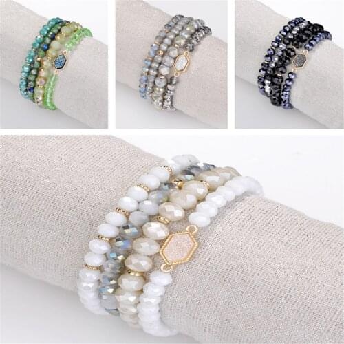 Charm Hexagon Druzy Stretch Beaded Bracelets Set Boho Bead Bracelet Stack