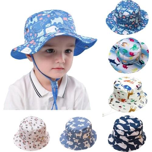 Kids Cartoon Animal Print Wide Brim Anti-UV Fisherman Hat Chin Strap Bucket Cap