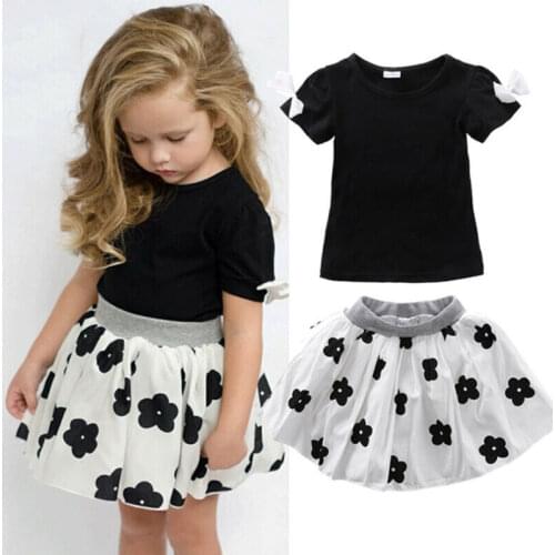 Toddler Girls Kid Bowknot T-shirt Tops+Flower Short SkirtsOutfits Dress 2PCS