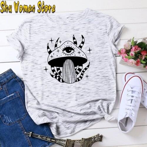 Mushroom Print Oversized Black T-Shirt Female Aesthetic Punk Gothic Clothing Harajuku Streetwear Top Tees Women Goth Tshirt