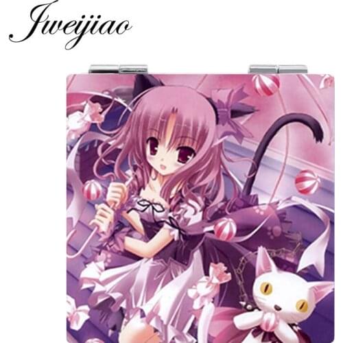 JWEIJIAO Cartoon Photo PU Leather Square Makeup Mirror Girls Compact Folding Portable Pocket Mirror espejo