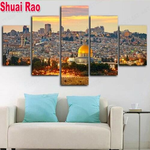Jerusalem Sunset View Islamic 5 Panel diamond painting cross stitch Full Square Round diamond embroidery Crystal mosaic Amazing