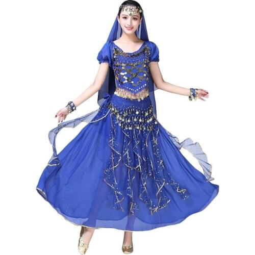 New Bollywood Sequin Costumes Adult Indian Belly Dance Costumes Women Short Sleeve Chiffon Bollywood 2pcs/3pcs/5Pcs Set 8 Colors