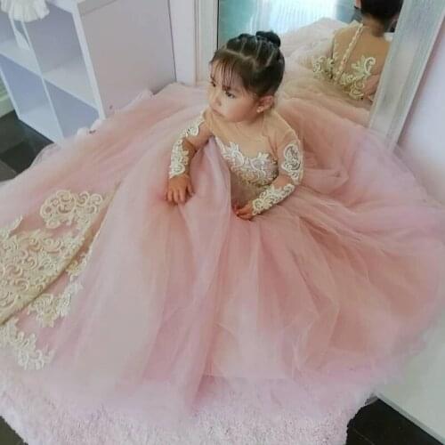 Lace Pink Vintage Flower Girl Dresses Sheer Neck Long Sleeves Little Girl Wedding Dresses Communion Pageant Kids Party Gowns