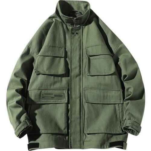 Mens Fashion Loose Fit Cargo Jacket With Multi Pockets Harajuku Hip Hop Coat Solid Color Simple Casual Outerwear Windbreaker