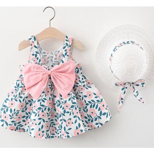 2pcs Baby Girls Breathable Cotton Summer Casual Clothing Set Sleeveless Floral Dress+Hat Set for Children Baby Girl 6Month-3Year