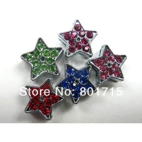 Wholesale Full Rhinestone slide Charms 100pcs Mix Color Star Internal Dia.8mm can through 8mm Belt Wristband