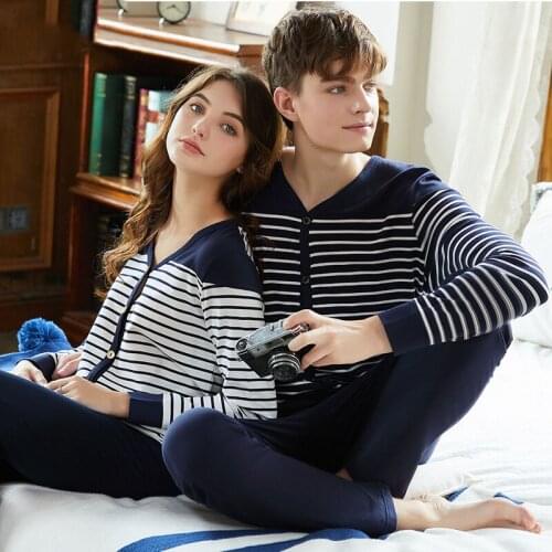Autumn Mens Sleepwear Cotton Stripe Couples Pajamas Sets Breathable Home Wear Male Pajamas Long Sleeve Casual Pyjamas Men