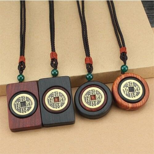 National Style Rotatable Ebony Copper Coin Necklace Rotatable Ebony Long Sweater Chain Jewelry Sandalwood Pendant