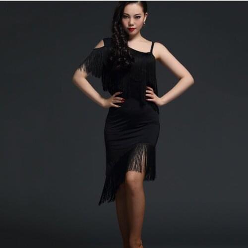 Latin Dance Dress for Women Girls Black Red Tassel Latin Skirt Fringe Latin Tango Ballroom Salsa Cha Cha Performance Dance Dress