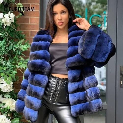 Q.FURDREAM Chinchilla Color Real Rex Rabbit Fur Coat Woman Winter Warm Clothing Full Sleeves Big Lapel Stripes Lady Jacket
