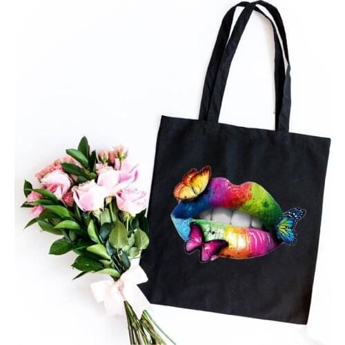 Multicolored Lips Butterflies Printed Feminina Shoulder Canvas Bags Cotton Canvas Shopping Bag Totes Cute Fun Handbag