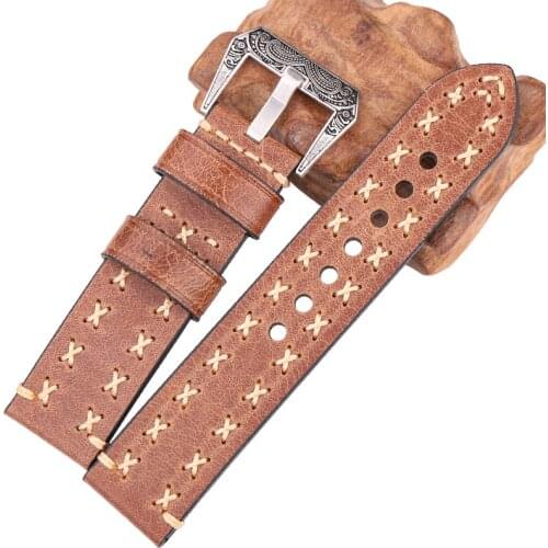 Cowhide Watchbands Retro Steel Buckle Screw-in Buckle 22mm 24mm Men Women Genuine Leather Handmade Watch Band Strap Accessories