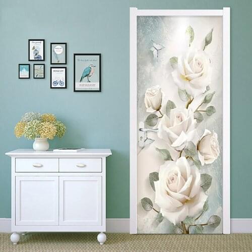 3D White Rose Flower Self-Adhesive Door Wallpaper Murals Wall Stickers Peel and Stick Door Poster for Home Decoration