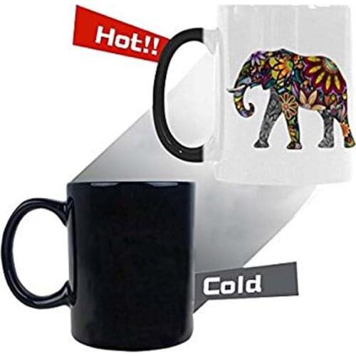 The Silhouette of Cheerful Flower Elephant Heat Sensitive Mug Color Changing Mug Morphing Coffee Travel Mug Tea Cup Funny, 11oz