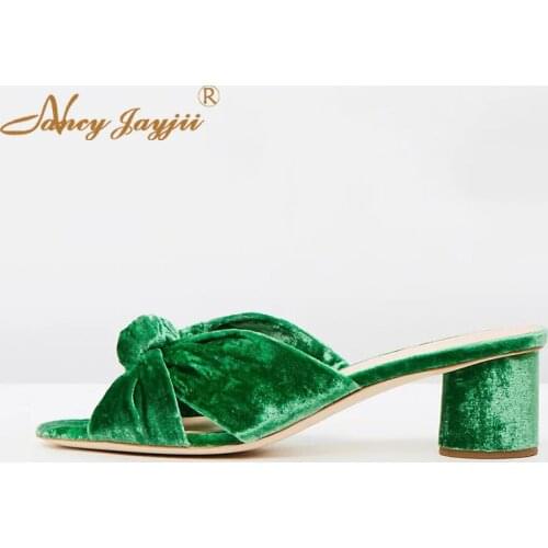 Female Women Shoes Adult Slippers Butterfly-knot Flock Solid High Square heels Outside Casual Fashion Leisure Nancyjayjii 2019