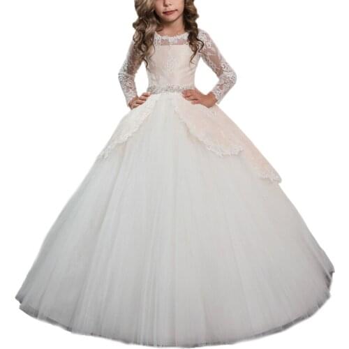 Long sleeves party dresses for girls beaded sash floor length ball gowns for kids fancy flower girls dresses