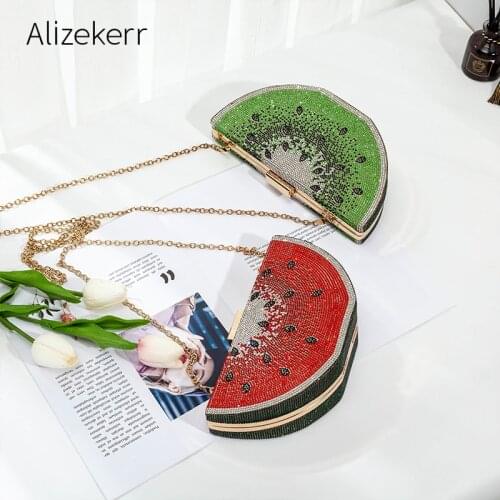 Shiny Watermelon Diamonds Evening Clutch Bag 2021 Designer Half Moon Chain Panelled Rhinestones Wedding Purse Chic Personality