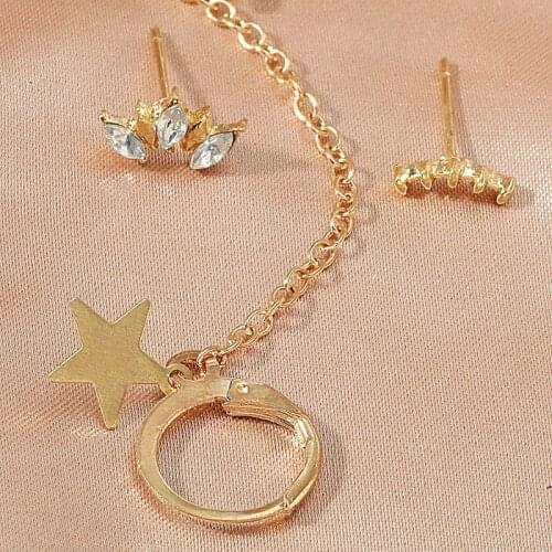 Punk Gothic Long Tassel Chain Pierced Earrings Zircon Star Pendant Clip Earrings for Women Ear Cuff Ear Hook Punk Jewelry