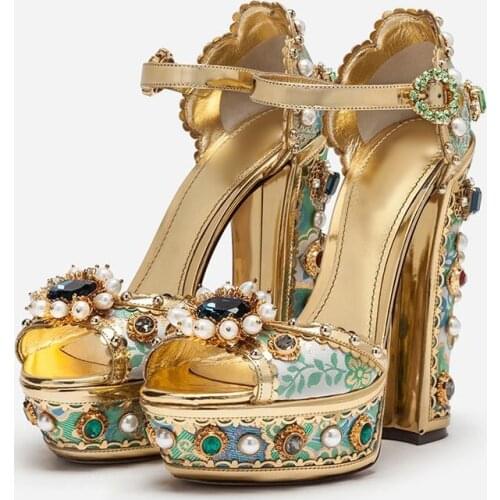 Luxury Pearl Gemstone Studs Bridal Sandals Female Jeweled Patchform Embroidery Chunky Heel Women Handmade Gold Cutout High Heels