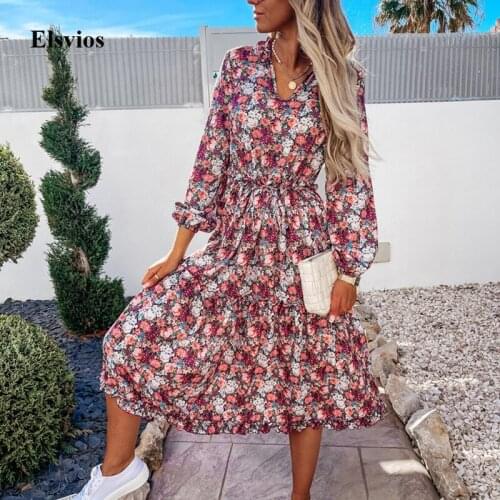 Women Elegant V-Neck Lace-Up Party Dress Spring Summer Long Sleeve Ruffle Lady Dresses Casual Vintage Floral Printed Long Dress