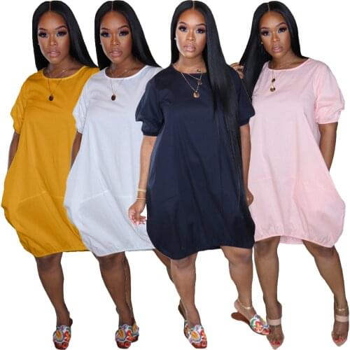 2021 Spring Women Shirt Dress Solid Color With Pocket O-neck Short Sleeve Dress Streetwear Vestido