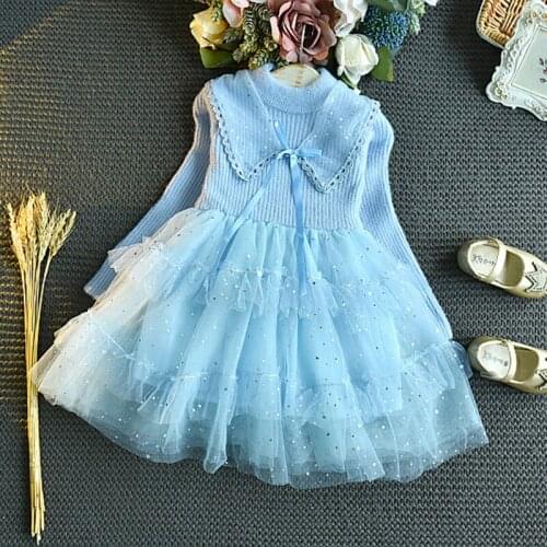 Girls Birthday Wedding Party Princess Dresses Autumn Winter Kids Knitted Lace Clothes 3-7 Years vestidos Children Layered Dress