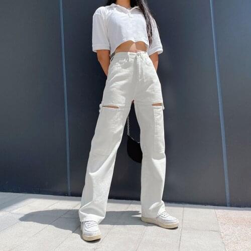 Jeans Woman High Waist Zipper Cutout Straight Leg Mopping Pants White Armygreen Black Hollow Trousers