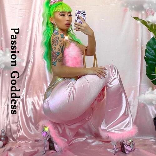 Kawaii Women 2 Piece Pink Fluffy Fur Sets Feather Camisole Tops High Waist Gloss Flare Pants Furry Cute Party Two Piece Outfits