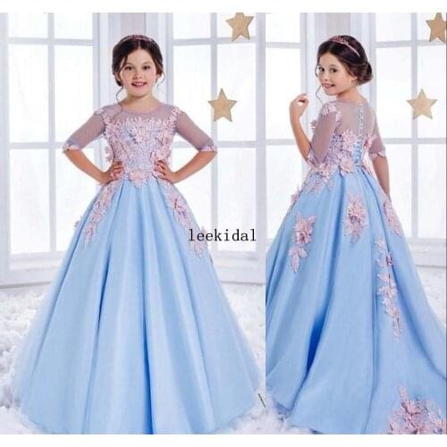 Cute Flower Girls Dresses Sky Blue Lace Illusion Pink 3D Floral Applique Half Sleeves Kids Girls Pageant Dress Princess Gowns