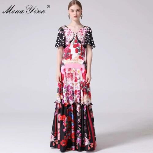 MoaaYina Fashion Designer Runway dress Spring Summer Women Dress V-neck Flare Sleeve Floral-Print Vintage Maxi Dresses