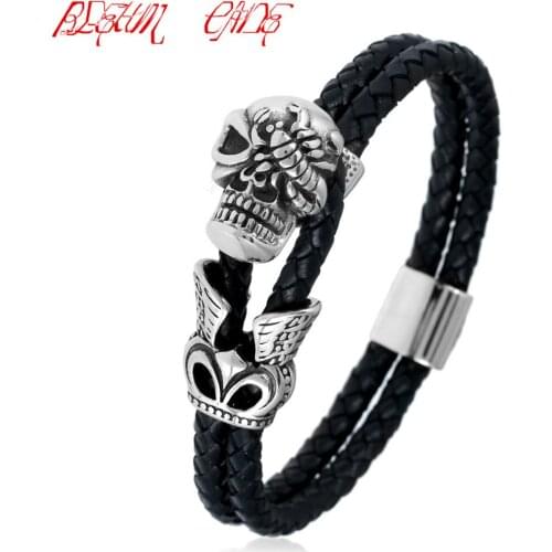 Mens Handmade Double Braided Leather Bracelet Skull Stainless Steel Jewelry Classic Bracelets Bangles