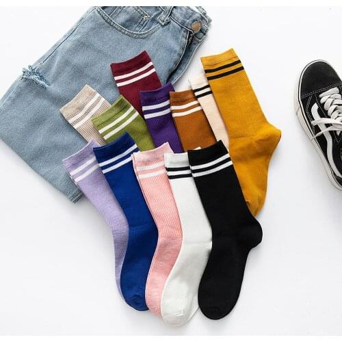 New Womens Colored Cotton Soft Tube Harajuku Striped Long Socks 5 Pair