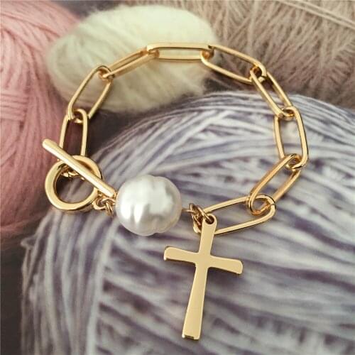 Gold Color Plating Lovely Cross and Irregular Pearl Charm T bar Enclosure Bracelet For Women Girl Chic Statement Bohemia Jewelry