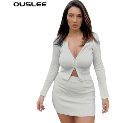 Ouslee Autumn Women White Ribbed Knitted Tops T-shirt Two Pieces Sexy Long Sleeve Casual Matching Outfits Tops Skirts Streetwear