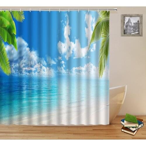 Natural Scenery Shower Curtains Blue Sky White Cloud Ocean Beach Landscape Waterproof Curtain Set Bathroom Decor With Hooks