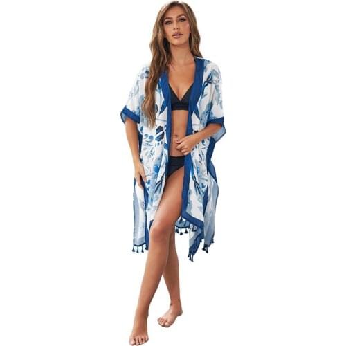 Women Tassel Printed Cover Ups Bohemian Style Clothes Sun Protection Quick-drying Cardigan Loose Black/Blue/Orange Beach Blouse